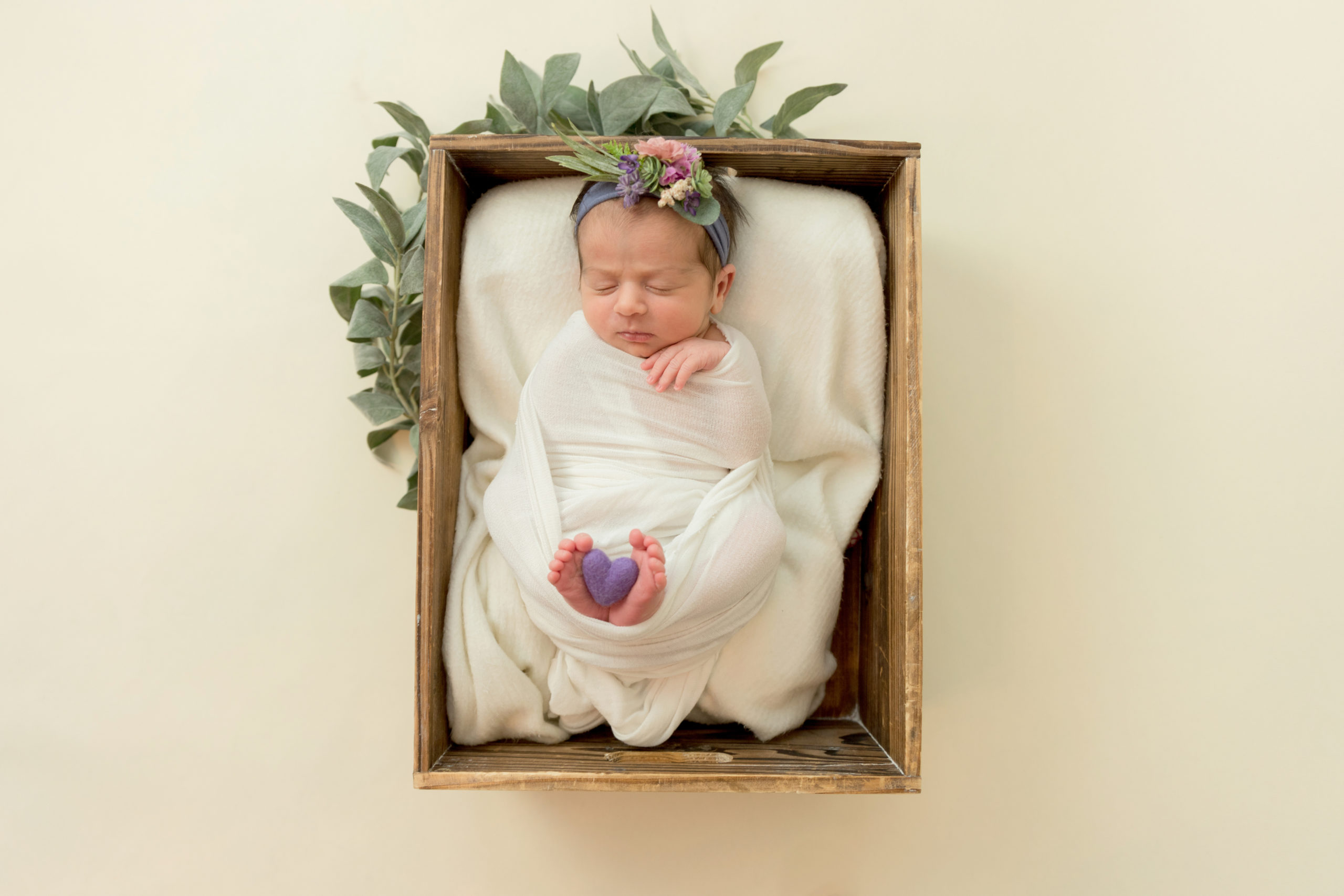 Baby in a wooden crate holding a purple felted heart- Lancaster Newborn Photography Session
